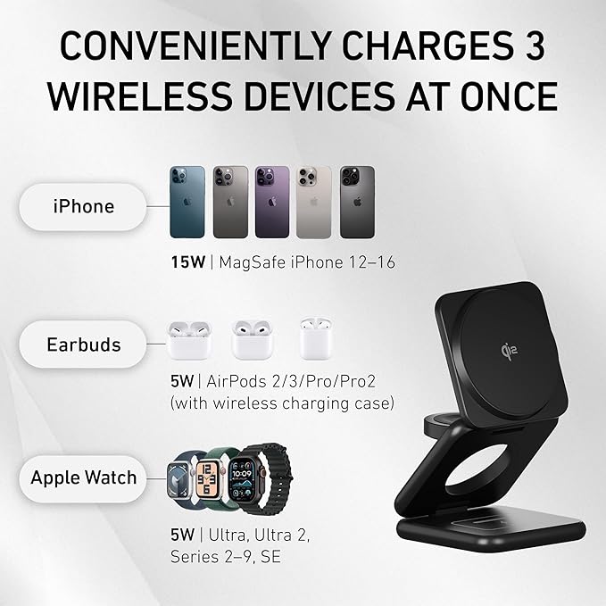 Peel 3-in-1 Wireless Charging Stand – Qi2 Certified Fast Charger, Compatible with MagSafe iPhone 16/15/14/13/12, Apple Watch & AirPods, Ultra-Slim Foldable Design, USB-C Cable – Black