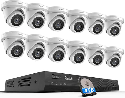 16 Channel Security Camera System, 12x 5MP Wired IP Turret Dome PoE Camera Outdoor, AI Human Detection, Built-in Mic, Remote Access, 4K 16 Channel NVR 4TB HDD for 24-7 Recording, PD93A1216-5M