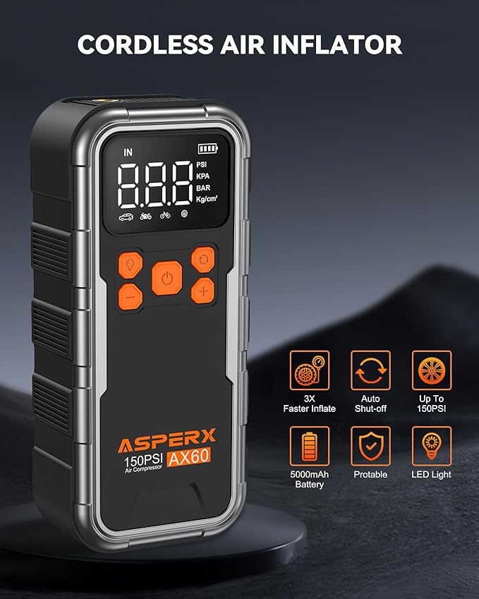 Tire Inflator Portable Air Compressor, 150PSI Cordless Air Pump for Car Tires, 3X Faster Air inflator Tire Pump with Digital Pressure Gauge and Emergency LED Light for Motorcycle Bike Ball Car