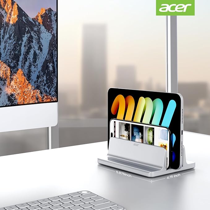 acer Dual Vertical Laptop Stand, Upright Desktop Stand Holder with Adjustable Dock (Up to 15.7''), Aluminum Laptop Rack Storage Desk Organizer for Tablet, MacBook/Samsung/HP/Dell/Chrome Book-Silver