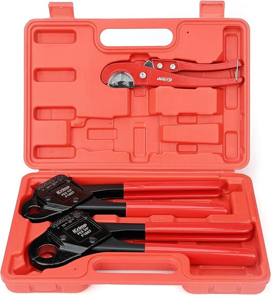 iCrimp IWS-1807CE PEX Crimping Tool Kit c/w Angle 1/2'' & 3/4'' PEX Crimpers and PEX Tubing Cutter for F1807 PEX Crimp Fittings and Copper Crimp Rings