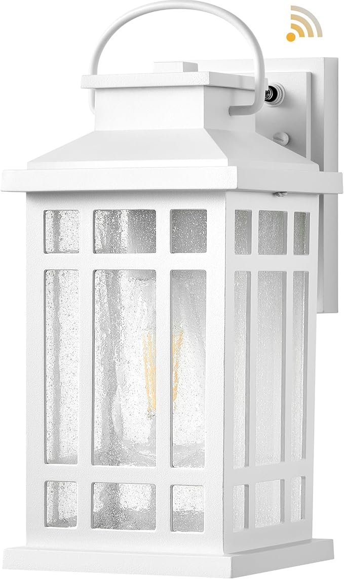 White Porch Lights Outdoor with Dusk to Dawn Sensor, Modern Outside Wall Lights with Seed Glass, Aluminum Waterproof and Anti-Rust Outside Lights for House, Garage, Garden, Entryway, Doorway