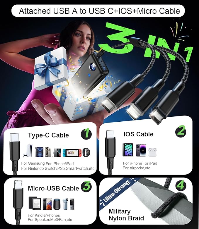 Portable Charger Power Bank - 60,000mAh Battery Pack, 22.5W Fast Charging Phone Charger with USB-C/iOS/Micro-USB Cable, Powerbank for iPhone 17 16 15 14 13 Samsung Google,for Travel Camping