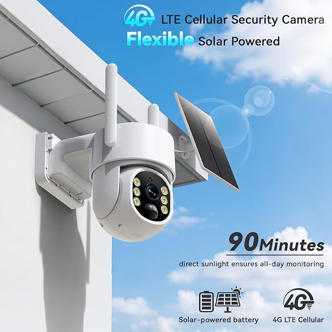 4G LTE Cellular Security Camera, No WiFi Security Camera Outdoor Wireless Solar Powered, Built-in SIM Card, 2K Color Night Vision, Human Detection Alerts, with 64G SD Card, 2-Way Audio, 360° Live View