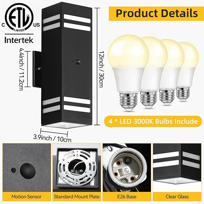 SHIMR Motion Sensor Outdoor Wall Lights, Dusk to Dawn Outdoor Lights ETL Listed, Aluminum Sconce Exterior Lighting Fixtures Up and Down Outside Lights for House, LED Bulbs Included, 2 Pack