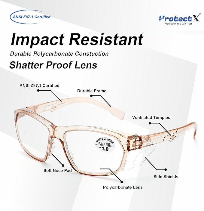 ProtectX Stylish Anti-Fog & Scratch-Resistant Safety Glasses With Readers, UV Protection Goggles, Anti-Impact Lightweight Glasses for Men＆Women Cold Brew Cold Brew Reading 1.0