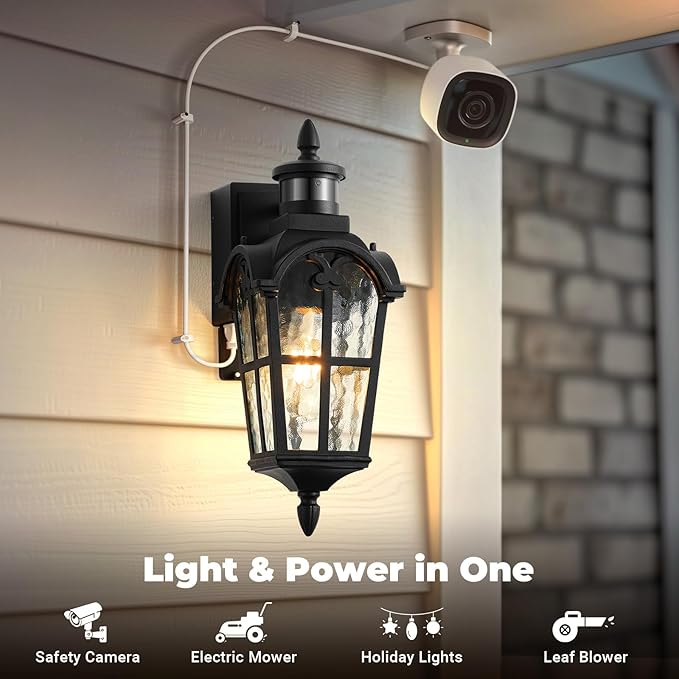 Black Outdoor Patio Lights with GFCI Outlet 2-Pack, Upgraded Motion Sensor Outside Lighting with Water Ripple Glass, Dawn to Dusk Outdoor Light Fixture for House, Garage, Garden, Waterproof