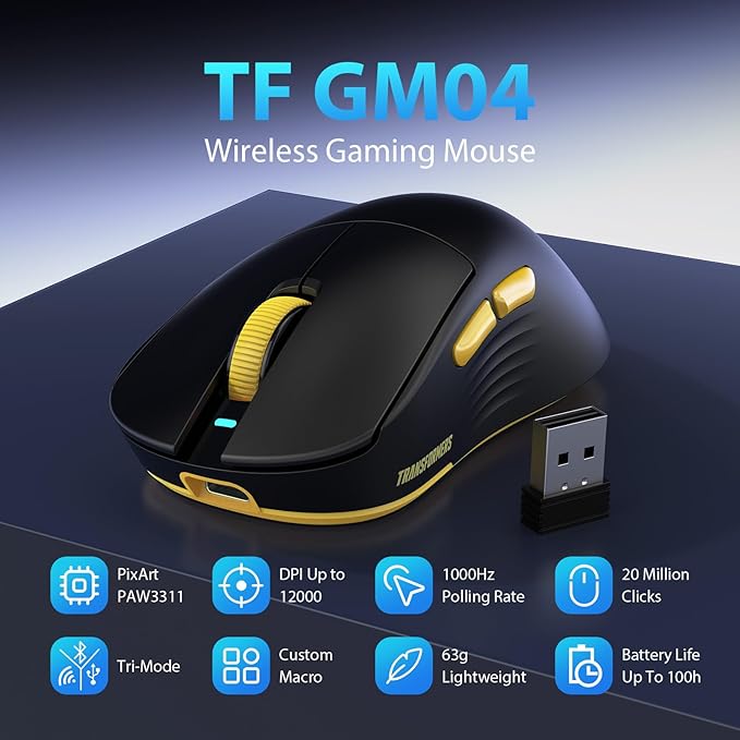 Transformers GM04 63g Lightweight Wireless Gaming Mouse, 12000 DPI, PAW3311 Sensor, 100h Battery Life, 2.4G/USB-C/Bluetooth Wireless Mouse with 5 Programmable Buttons for PC/Mac/Laptop(Black)