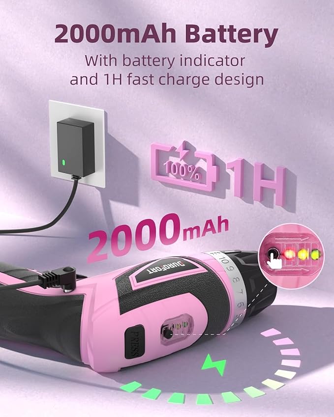 Cordless Electric Screwdriver Set, 8V 10Nm Rechargeable Power Electric Drill, Battery Screw Gun with Driver Bit, 320RPM/10+1 Torque, 2 Position Handle, Flexible Shaft LED Light (Pink, 39Pcs)