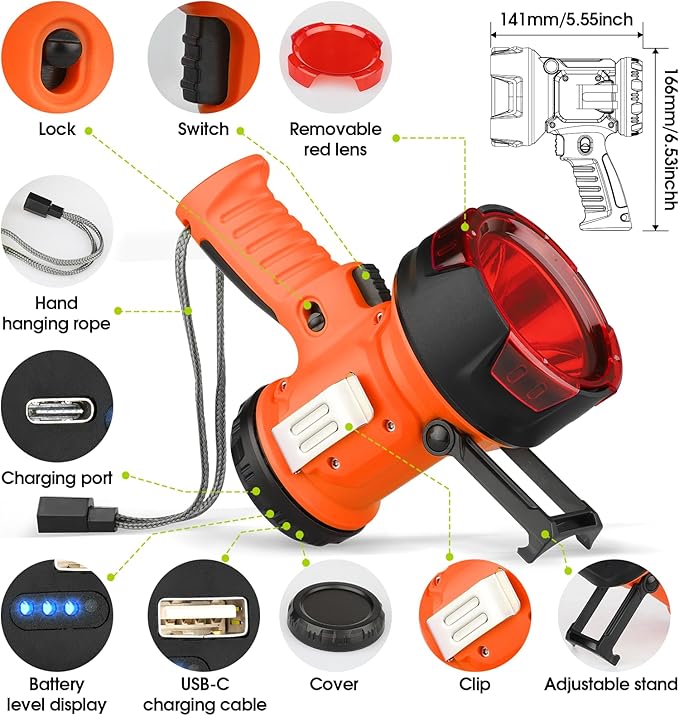 Rechargeable Spotlight Flashlight, IP65 Waterproof Searchlight Handheld Work Light with Foldable Stand and Red Lens- Orange