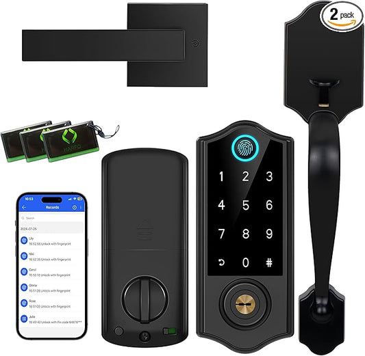 Harfo Fingerprint Smart Door Lock for Front Door with Handle Set, App Control, Keyless Entry Keyless Deadbolt, Digital Electronic Touchscreen Keypad, Auto Lock, Easy to Install, Black