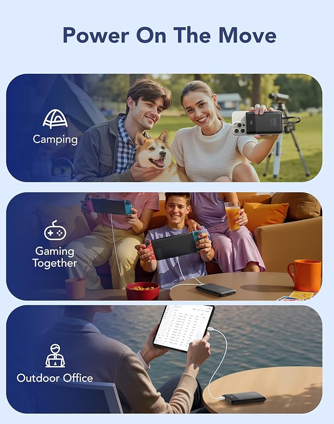 VEGER 10000mAh Portable Charger with 2 Built-in Cables, PD 22.5W Fast Charging USB C Power Bank, 4 Outputs 3 Inputs Slim Battery Pack Compatible with iPhone, Samsung, iPad, Android - Travel Essential