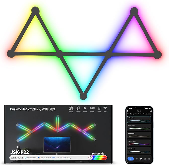 Smart Wall Light Lines, WiFi RGB LED Light Bars, 16M+ Color Dimmable Music Sync DIY Home Decor Light Bars for Gaming Party Streaming Lovers, Work with Alexa & Google Assistant (9 Lines,Black)