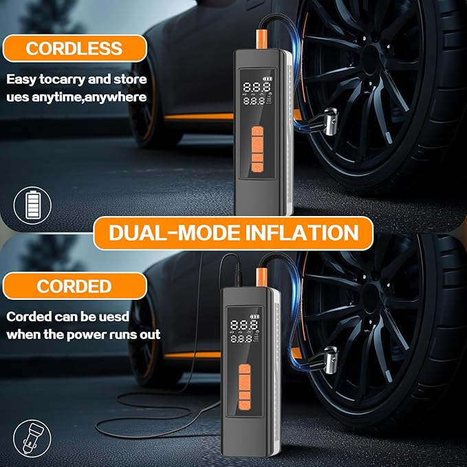 Tire Inflator Portable Air Compressor, 5X Faster 150 PSI Portable Tire Inflator for Car, Built-in Magnetic Storage, Auto Shut-Off Cordless Air Pump, LED Light for Cars, Motor, Bikes