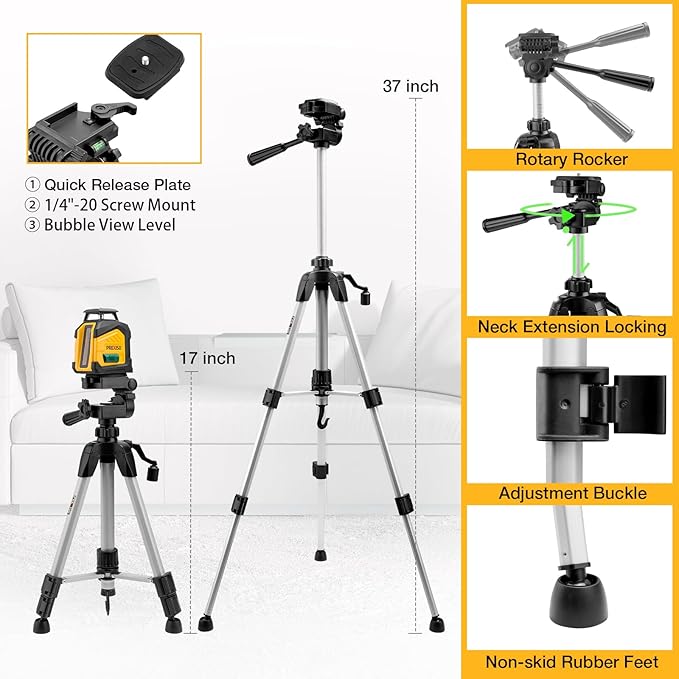 PREXISO 360° Laser Level with Tripod, 100Ft Dual Power Self Leveling Cross Line Laser- Wide Angle Vertical Line for Construction, Floor Tile, Renovation with Magnetic Base, Wall Panel Stand, Carry Bag