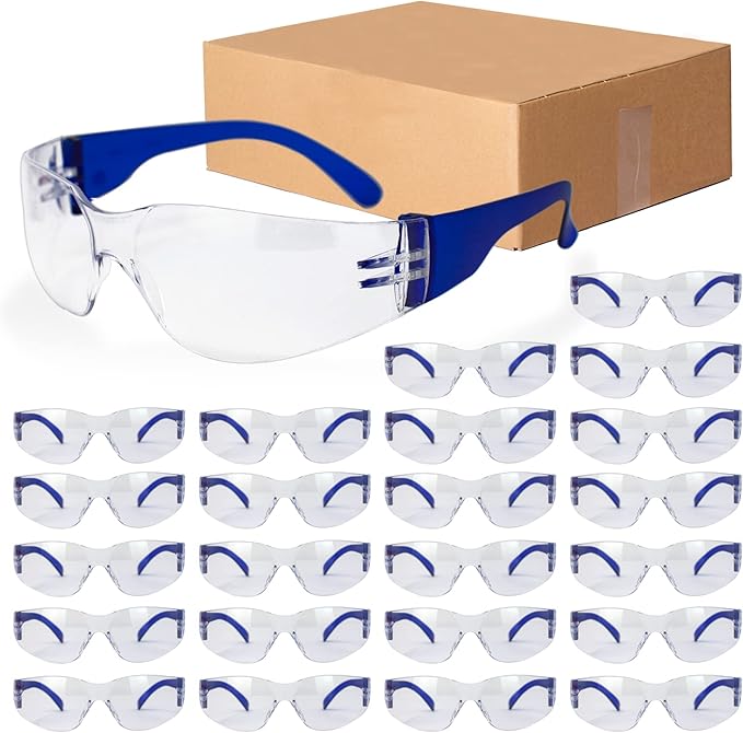 BISON LIFE Clear Lens Color Temple Safety Glasses | One Size, Adult, Youth, Clear Protective Polycarbonate Lens Color Temple, Blue, 24 PAIRS