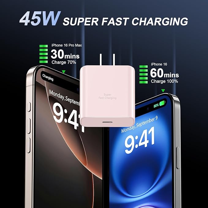 Phone 16 Pro Max Charger Fast Charging, 45W USB C Phone 16 Super Fast Charger Block with 10ft Long Type C Charging Cable Cord for Phone 16/16 Pro/16 Pro Max/16 Plus, 15/15 Pro Max/Pro/Plus-2pack Pink