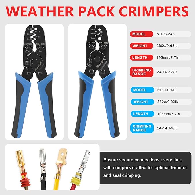 Newdeli 12Pcs Deutsch Crimp Tool Kit Weather Pack Crimpers Close Barrel & Open Barrel Crimper with Deutsch Pin Removal Tool Wire Crimping Connector Tool for DT Solid Contacts Molex Delphi Terminals