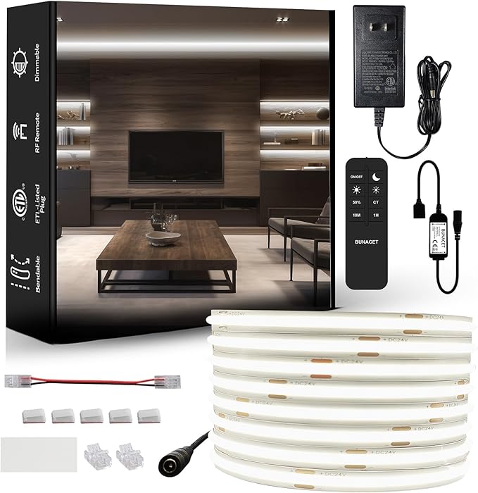 COB LED Strip Lights 2880LEDs, Bright COB Lights 20ft LED 6500K Cool White Dimmable LED with RF Remote Under Cabinet Lighting for Bedroom Counter Kitchen