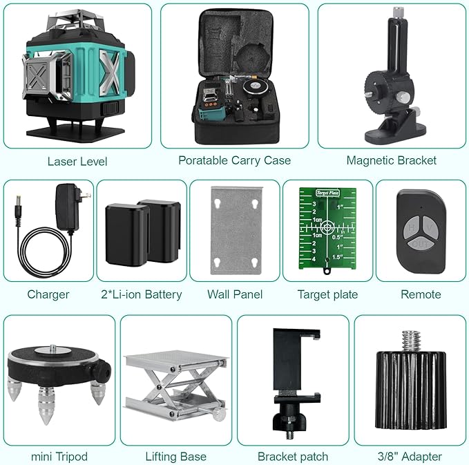 16 Lines Laser 360 Level Self Leveling, 4x360° Professional 4D Green Cross Line laser Level for Construction and Picture Hanging with 2 Batteries,Magnetic Bracket & Remote Control