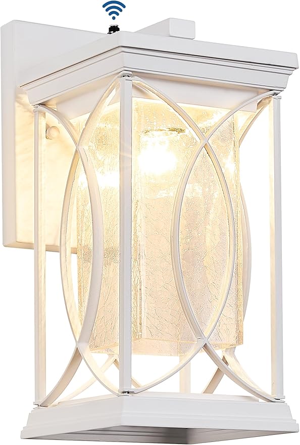 White Outdoor Sconce Dusk to Dawn Exterior Light Fixtures Wall Mount Porch Light Modern Outdoor Wall Light Aluminum with Crack-Like Glass IP65 Waterproof Outside Coach Light for House