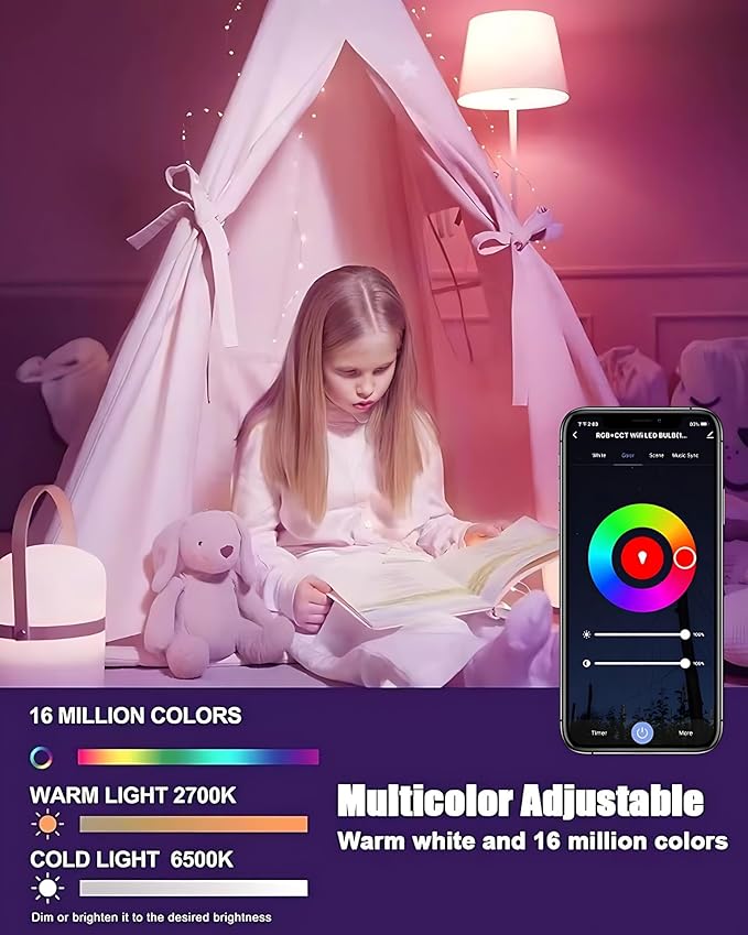 Smart LED Light Bulb, RGB+CCT, WiFi & Bluetooth Control, 16M Colors, Compatible with Alexa & Google Home, Color Changing, Music Sync, 15W, 850 Lumens