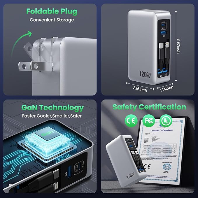 120W USB C Charger Block with 2 Built-in Retractable Cables,4-in-1 GaN IV Foldable Plug Wall Charger Fast Charging Station,PD 65W Laptop Adapter for Macbook/iPad,iPhone 16/15/14,Galaxy S24,Android etc