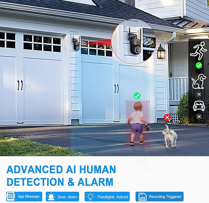 Wireless Security Camera System, 4pcs 3MP PTZ Cameras Outdoor Indoor, CKK WiFi Surveillance NVR System with Floodlights & Siren Alarm, 2 Way Audio, 24/7 Record, Expandable 10CH, No HDD