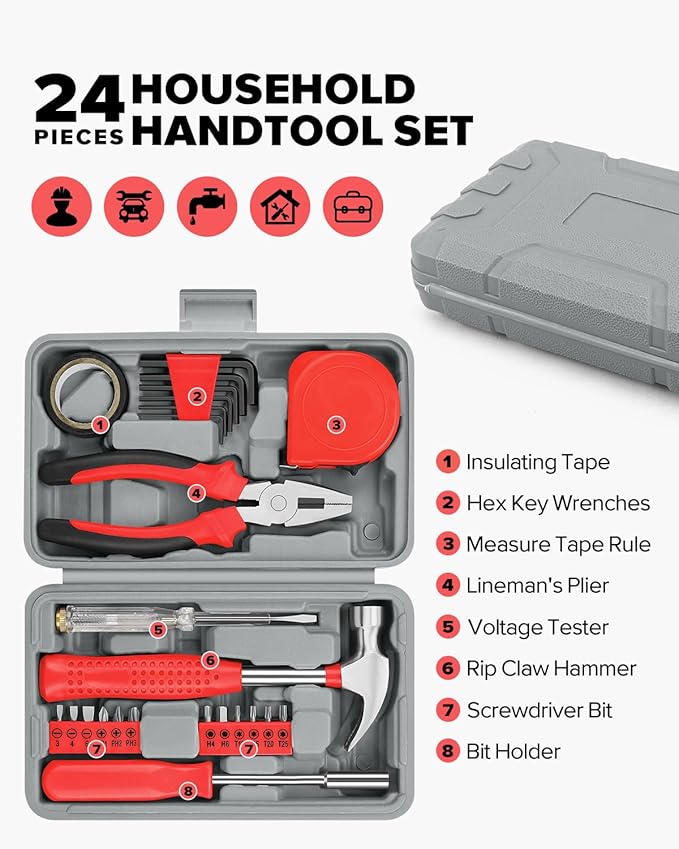 24pcs Home DIY Tool Kit for Household, Office & Garage - General Repair Small Hand Tool Set with Storage Case