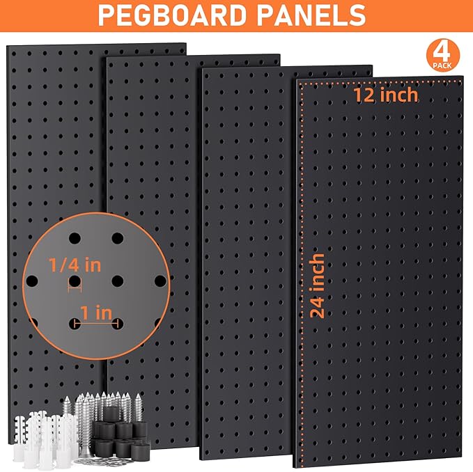 INCLY 48x24 Inch Metal Peg Board Kit with 1/4" Pegboard Hooks Accessories, 4PCS Pegboard Panels and 156PCS Black Pegboard Wall Organizer Tool Storage System for Garage Workbench Shed