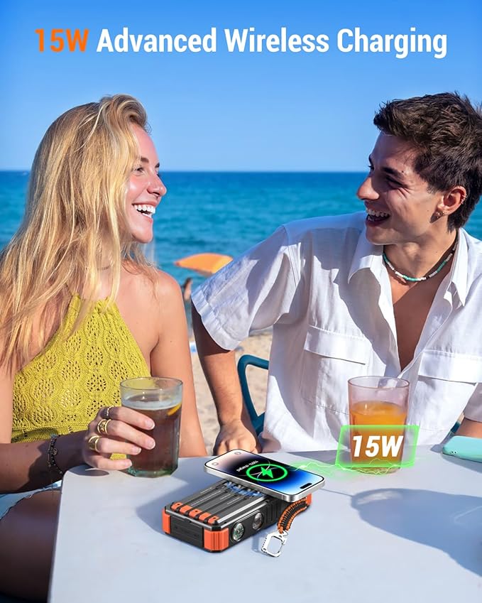 BLAVOR 45W Power Bank Solar Charger Built in Cables, 20000mAh Wireless Portable Charger with USB C, PD QC Fast Charging Waterproof Battery Pack for Cell Phone, Camping Light & Compass for Outdoor Use