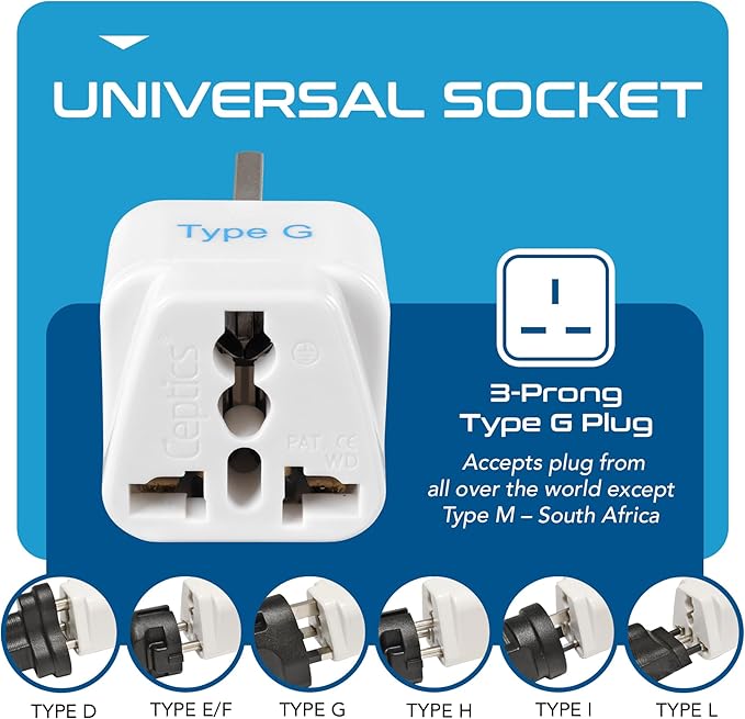 Ceptics UK, Hong Kong, Ireland, UAE Travel Plug Adapter (Type G) - 3 Pack [Grounded & Universal] (GP-7-3PK), White, Standard