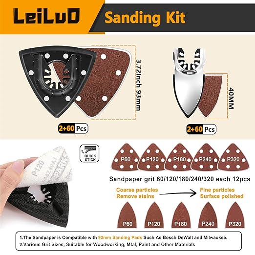 LEILUO 127 Pcs Oscillating Tool Sanding Pad Kit 2 Pcs 93mm Triangle Sanding Pads 2 Pcs Fingertip Sand Pads 120 Pcs Sandpaper 3 Pcs Adapters Compatible with DeWalt Makita Ryobi Milwaukee and More
