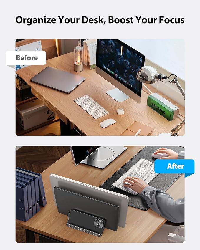 AboveTEK Vertical Laptop Stand, 3 Slots Aluminum Desk Laptop Holder & Laptop Docking Station Stand for MacBook, Tablet, Phone - Universal Fit (Up to 17.3") - Heavy Duty Polished, Anti Slide - Grey