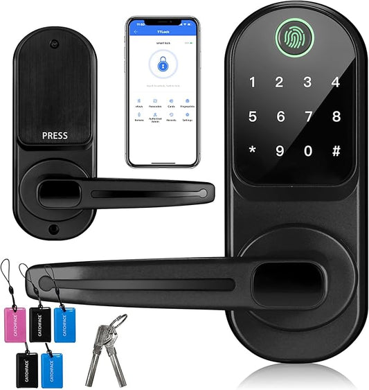 CATCHFACE Fingerprint Door Lock TTLock Smart Lock Biometric Door Lock with Fingerprint,Free App,Share Ekey and IC Card Keyless Entry with Reversible Handle - Matte Black