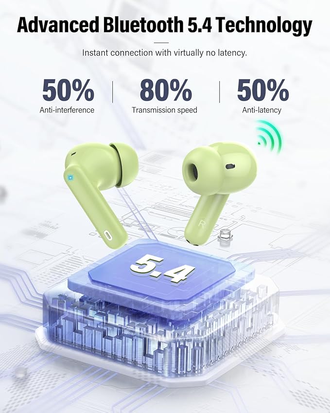 Wireless Earbuds, Bluetooth 5.4 Headphones Bass Stereo, Ear Buds with Noise Cancelling Mic, IP7 Waterproof in Ear Earphones, 36H LED Display Bluetooth Earbuds for Laptop Pad Phones Sports, Grass Green