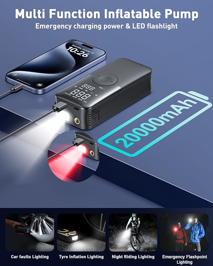 Tire Inflator Portable Air Compressor - Faster Inflation 150PSI & 20000mAh Multifunctional Air Pump, Accurate Pressure Gauge Display & LCD Light for Auto, Motorcycles, Bikes, Balls