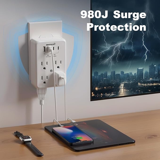 Multi Plug Outlet Extender Surge Protector Adapter, 6 Outlet with 4 USB Ports (2 USB C) 980J Power Strip Wall Charger Spaced for Travel Home Office, Dorm Room, White