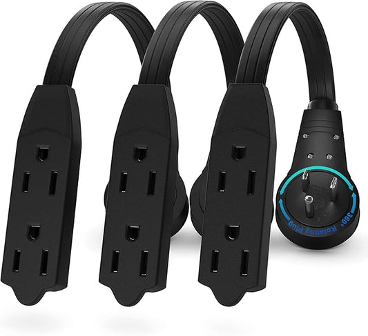 Maximm Cable 0.5 Ft 360° Rotating Flat Plug Extension Cord/Wire, 16/3 AWG Multi 3 Outlet 3-Prong Grounded Wire - Black - 3 Pack - UL Certified
