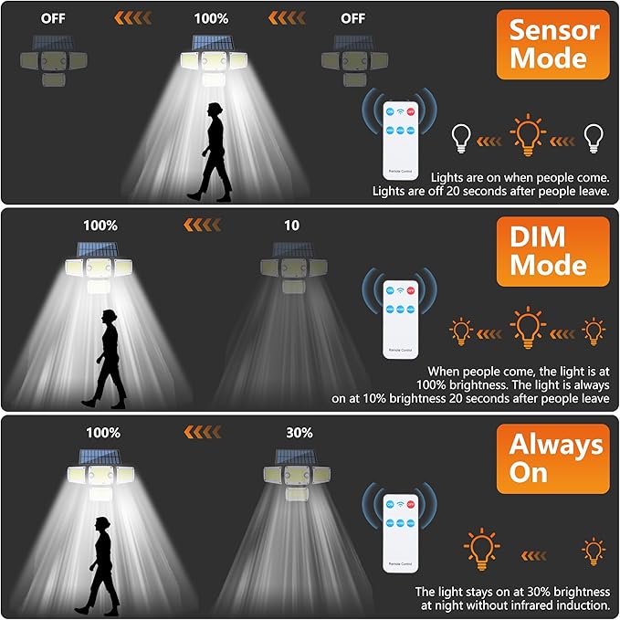 Solar Outdoor Lights, Motion Sensor Security Lights with Remote Control, 3000LM 4 Heads LED Flood Lights, IP65 Waterproof Wall Lights for Patios, Streets, Driveway and Outside Yard