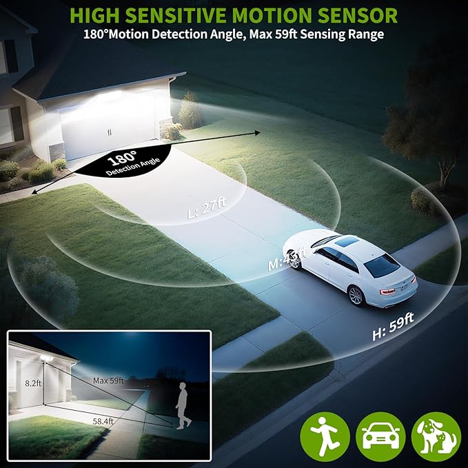 38W LED Security Lights Outdoor with Remote Control, 7500LM Motion Sensor Floodlight, 3 Modes, 6500K, IP65 Waterproof, Dusk to Dawn 3-Head Fixture for Garage, Yard, Porch (Black)