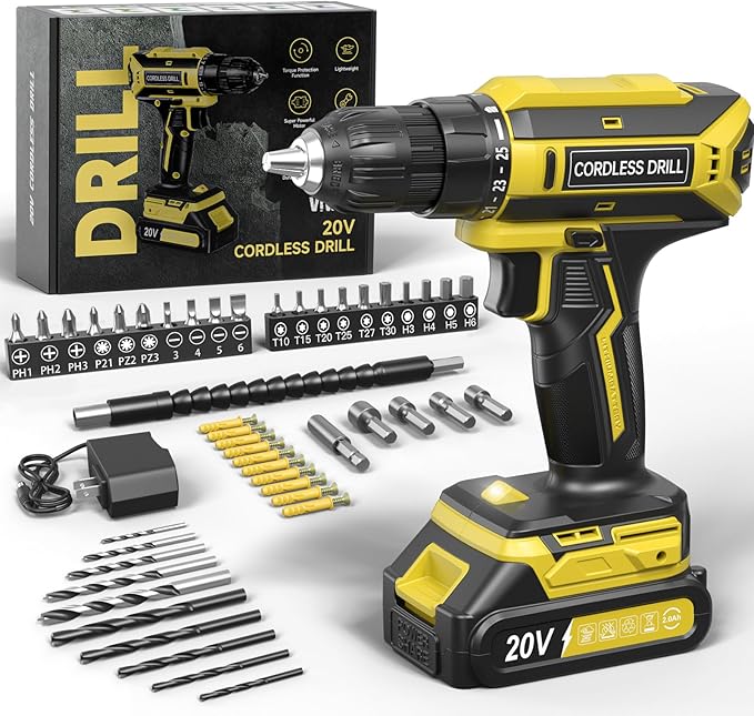 Cordless Drill, 20V MAX Power Drill Set with 2.0Ah Power Pack & Charger, 3/8 Inch Keyless Chuck, Variable Speed, 25+1 Position and 56PCS Bits/Screws, Power Tools for Home Projects