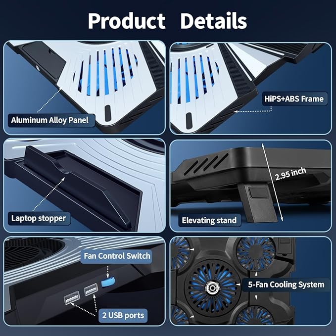 Thermoelectric Laptop Cooling Stand with 5 Fans - Adjustable Height for Laptops up to 19", Compatible with MacBook, Alienware, ROG & Gaming Laptops