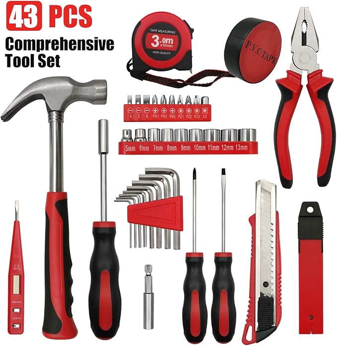 43 PCS Household Tools Kit with Plastic Toolbox, Portable and Lightweight Basic Home Tool Set, Emergency tool Kit with General Tools, Comprehensive Tool Box for College Students, Household Use