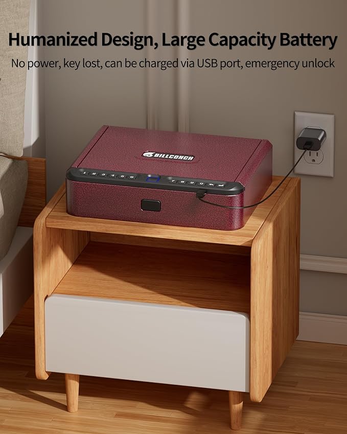 BILLCONCH Gun Safe for Handgun - Biometric Pistol Safe 4 Ways Quick Access with Fingerprint/Full-digital Keypad/Key/APP Lock and Security Cable for Nightstand Bedside Home - Burgundy Red