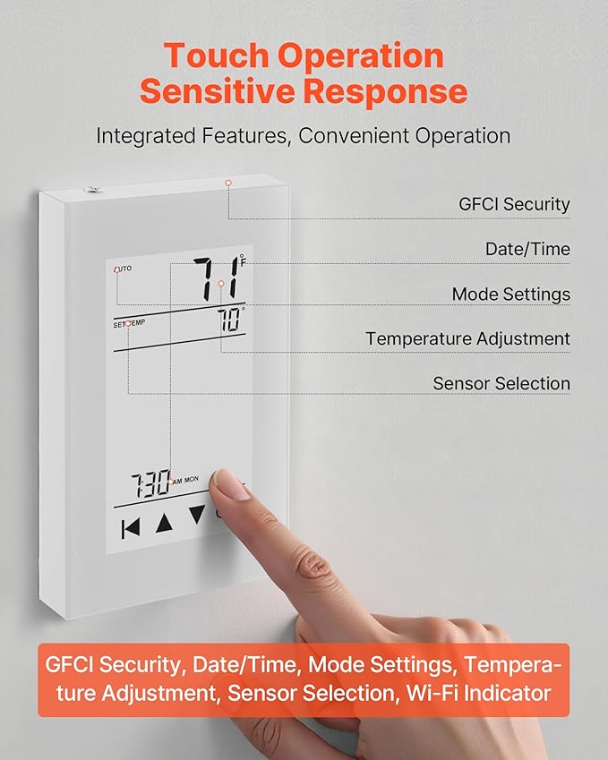 VEVOR 7-Day Programmable Thermostat, Home Thermostats for Radiant Underfloor Heating Cable, Heat Pump, with GFCI & Sensitive Sensor, LCD Touchscreen, Energy-Efficient, Gray-White (Without WiFi)