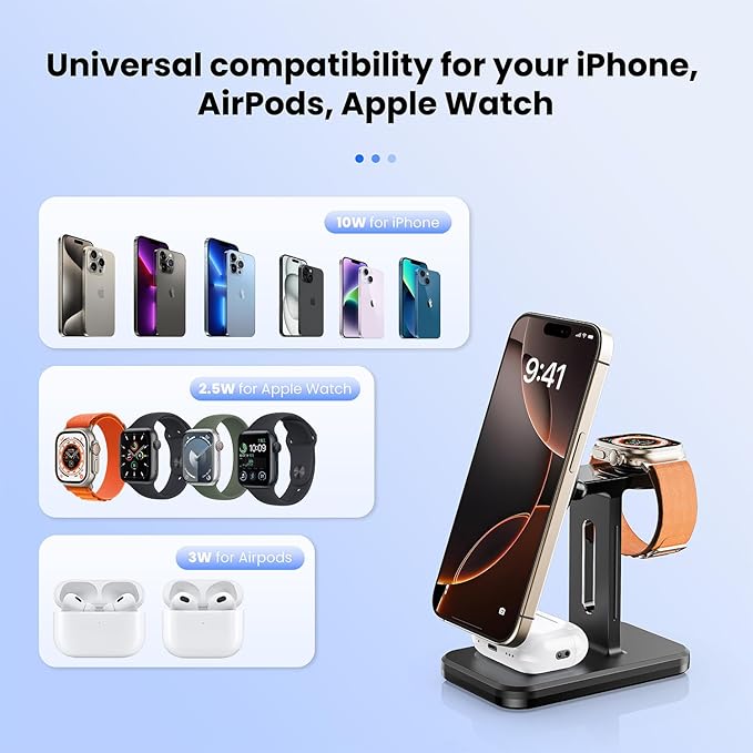3 in 1 Fast Wireless Charging Station for Magsafe Apple Devices, Aluminum Alloy Charger Station with Adapter, Magnetic Charging Stand for iPhone 16/15/Pro/ProMax/14/13/12, Apple Watch & AirPods, Black