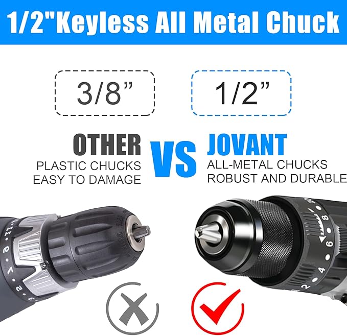 20V Max Cordless Hammer Drill, 1/2" Keyless All Metal Chuck Brushless Impact Drill, Compact Driver Drills for Metal, Wood, Thick Concrete -JOVANT (2 Batteries)