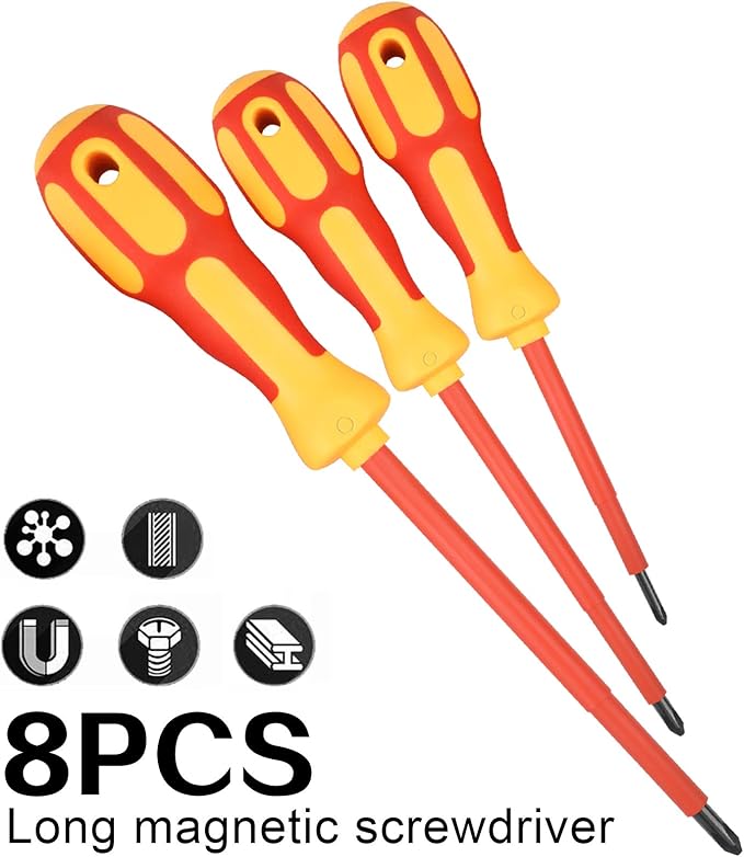 9 Piece 1000V Insulated Electrician Screwdrivers Set with Magnetic Tips, Slotted and Phillips Bits Non-Slip Grip, with 1 Test pen Electrical screwdriver set