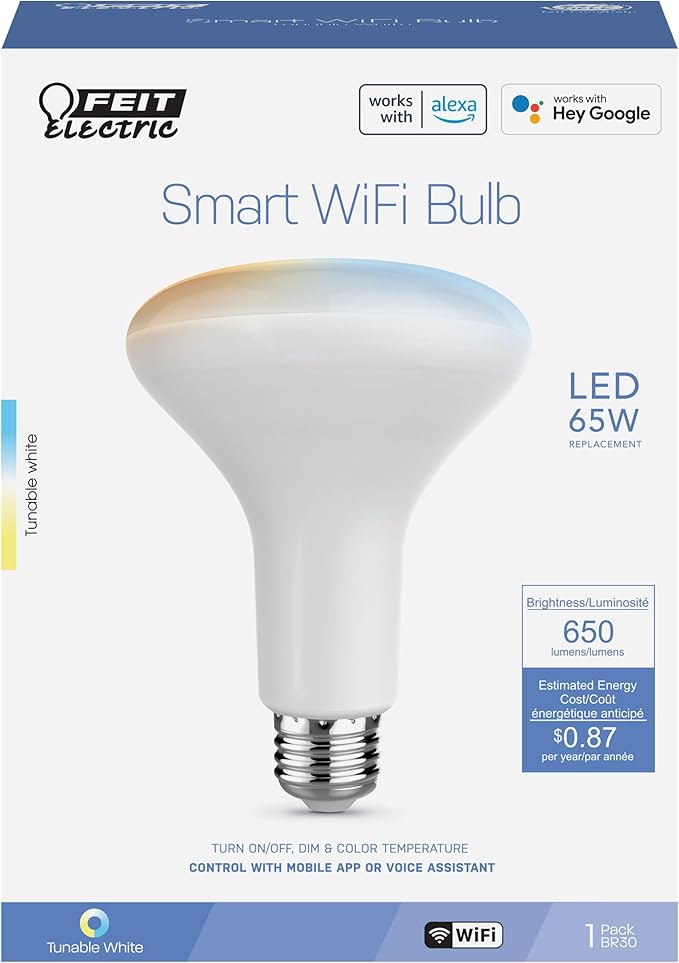 Feit Electric BR30 Smart LED Light Bulb, 60W Equivalent, Tunable White, Wi-Fi Enabled, Alexa & Google Home Compatible, E26 Base, 90+ CRI, Non-Dimmable, 800 Lumens, 25,000-Hour Lifetime, BR30/CCT/CA/AG